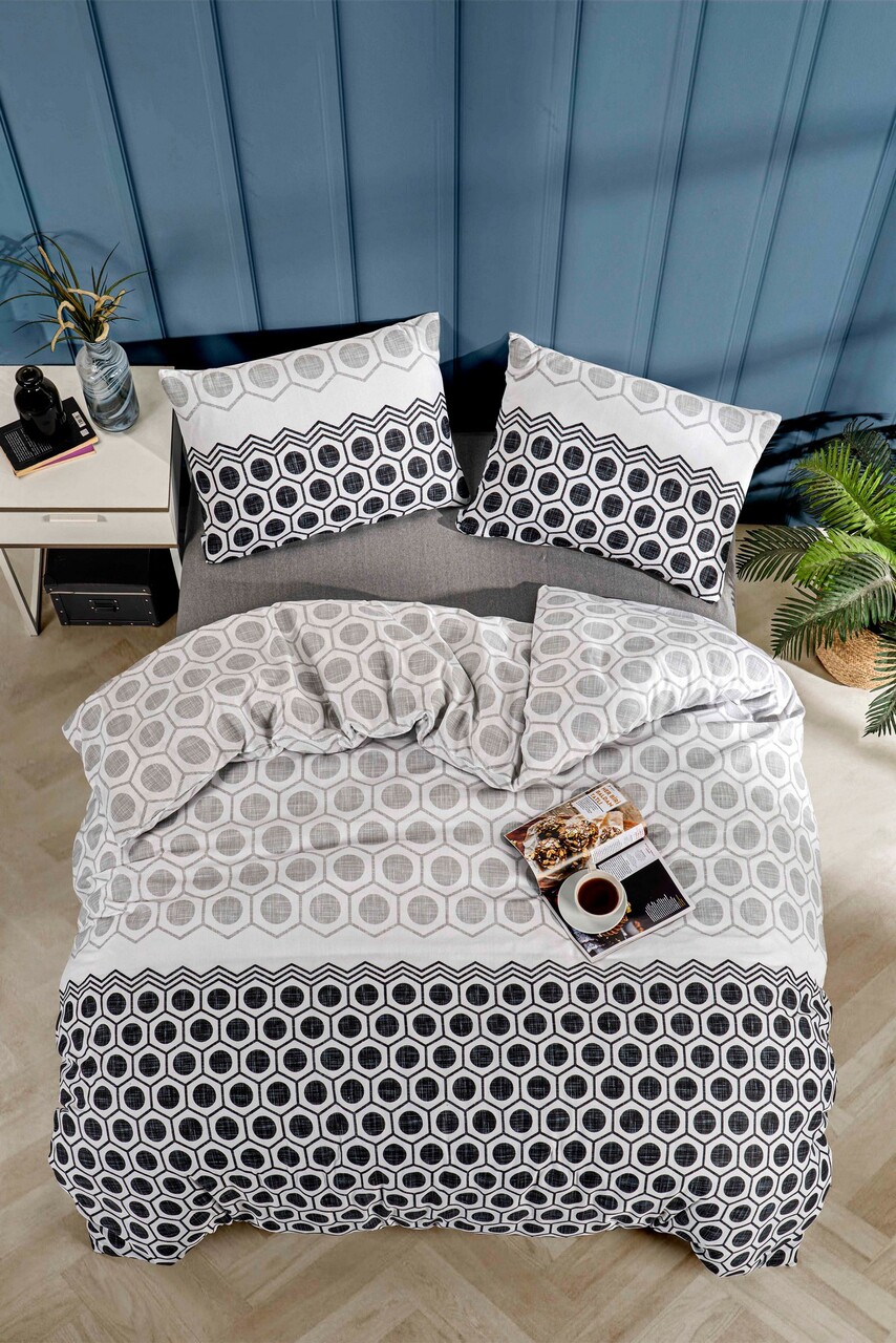 Lenjerie de pat pentru o persoana, L'essentiel Maison, Geometric Fitted, Negru / Alb / Gri - imagine 3